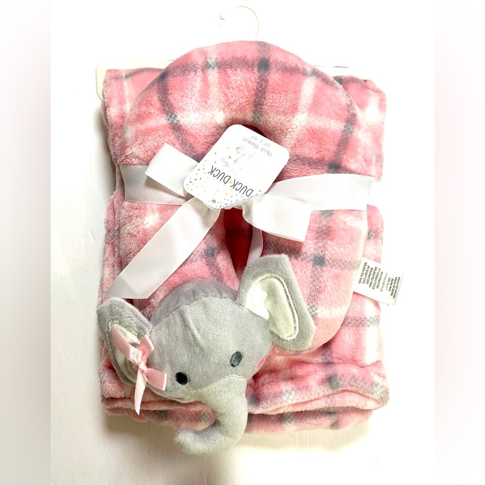 Duck Duck Goose Pink Plaid Elephant Baby Blanket & Neck Pillow - NWT